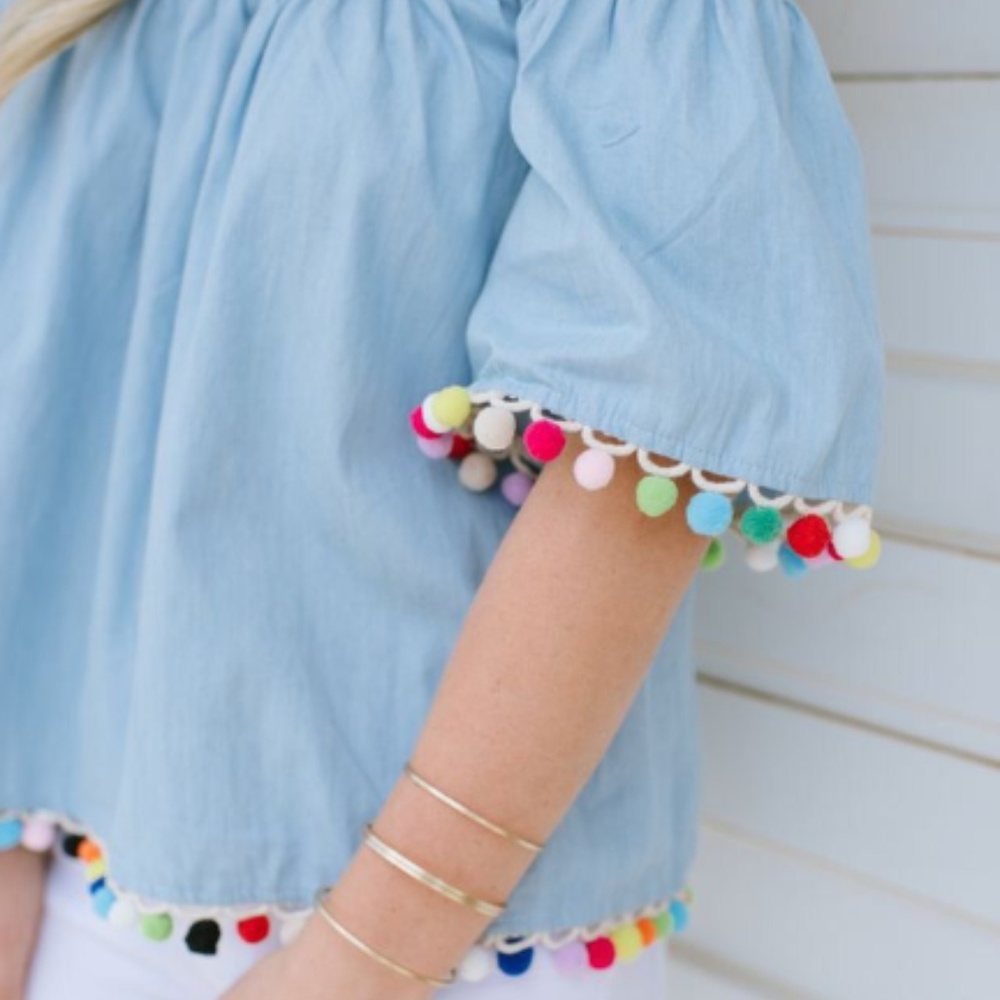 Denim Top with Colorful Pom Pom Trims